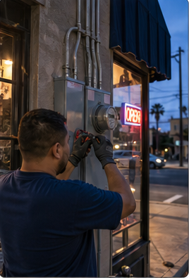 Technician checking exterior conduit on a South LA storefront at dusk